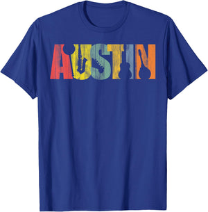 Austin Texas Distressed Vintage Musical Instrument Design T-Shirt - T-Shirt | Royal