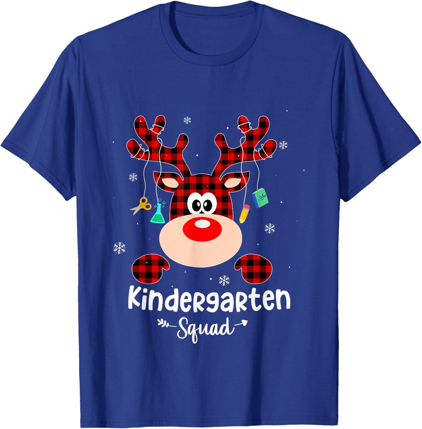Kindergarten Squad Cute Red Plaid Reindeer Teacher Christmas T-Shirt - T-Shirt | Royal