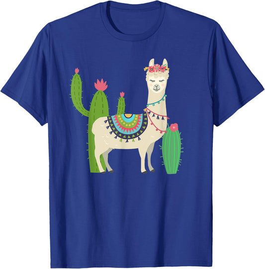 Cute Llama With Flower & Cactus / Llama Lover Gift T-Shirt - T-Shirt | Royal