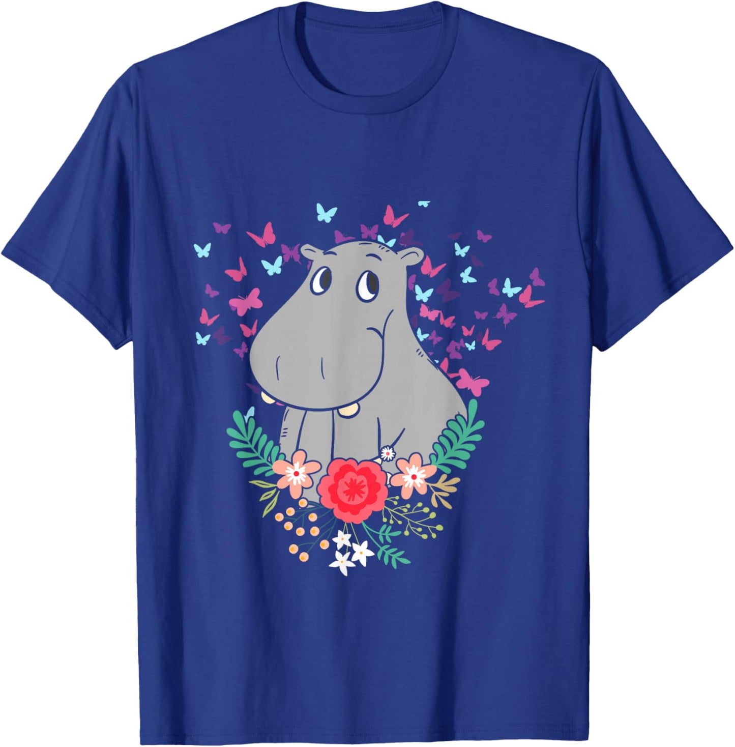 Animal Lover Butterfly Valentines Day Gift Flowers Hippo T-Shirt - T-Shirt | Royal