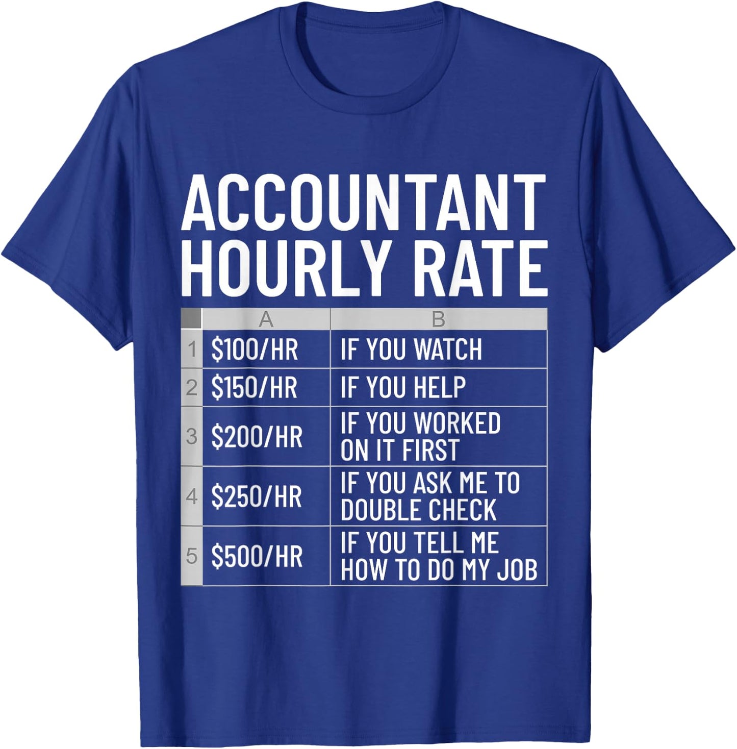 Funny Accountant Hourly Rate CPA Accounting Bookkeeping T-Shirt - T-Shirt | Royal