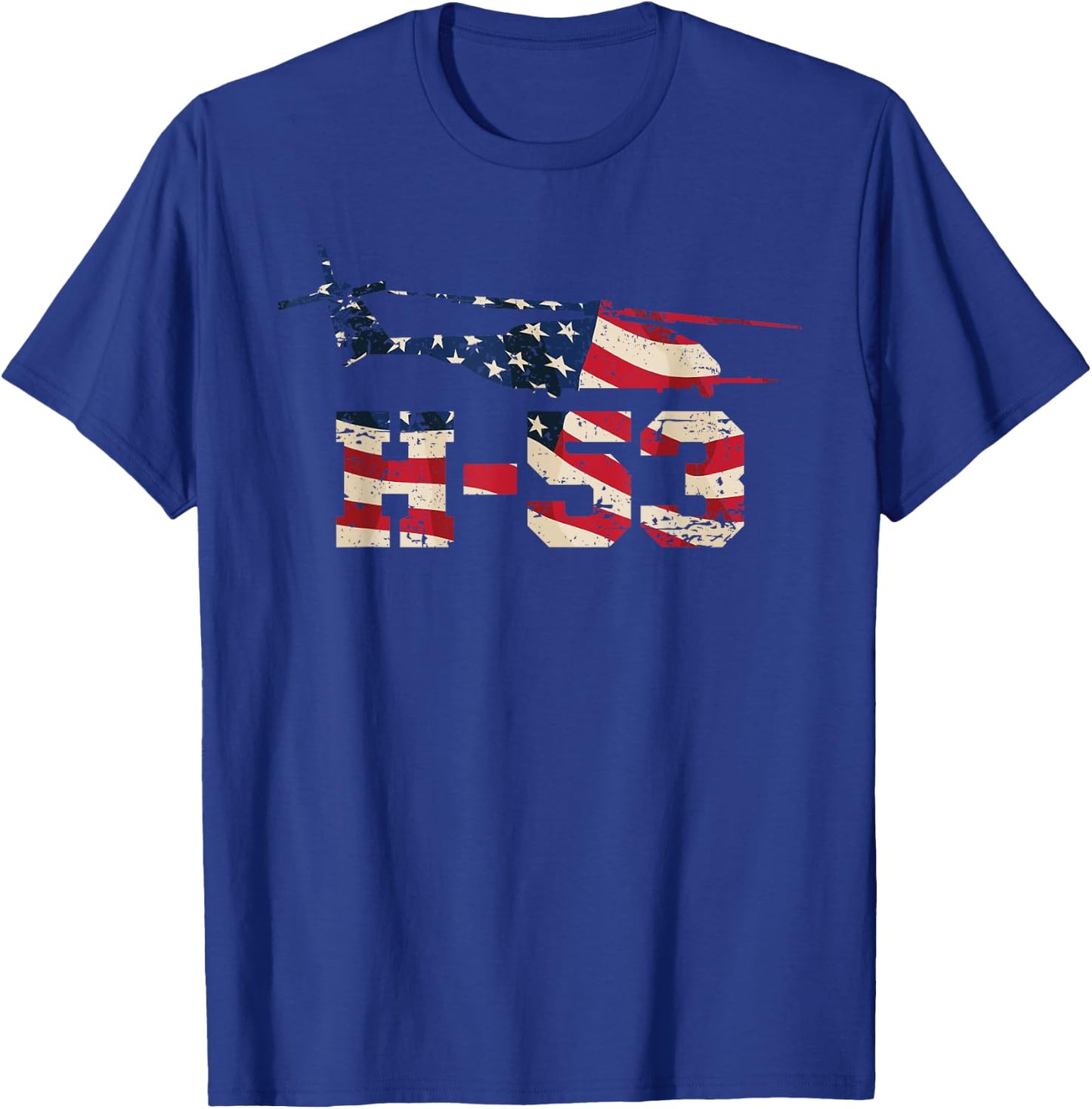 American H-53 Helicopter with USA Flag Overlay Distressed T-Shirt - T-Shirt | Royal