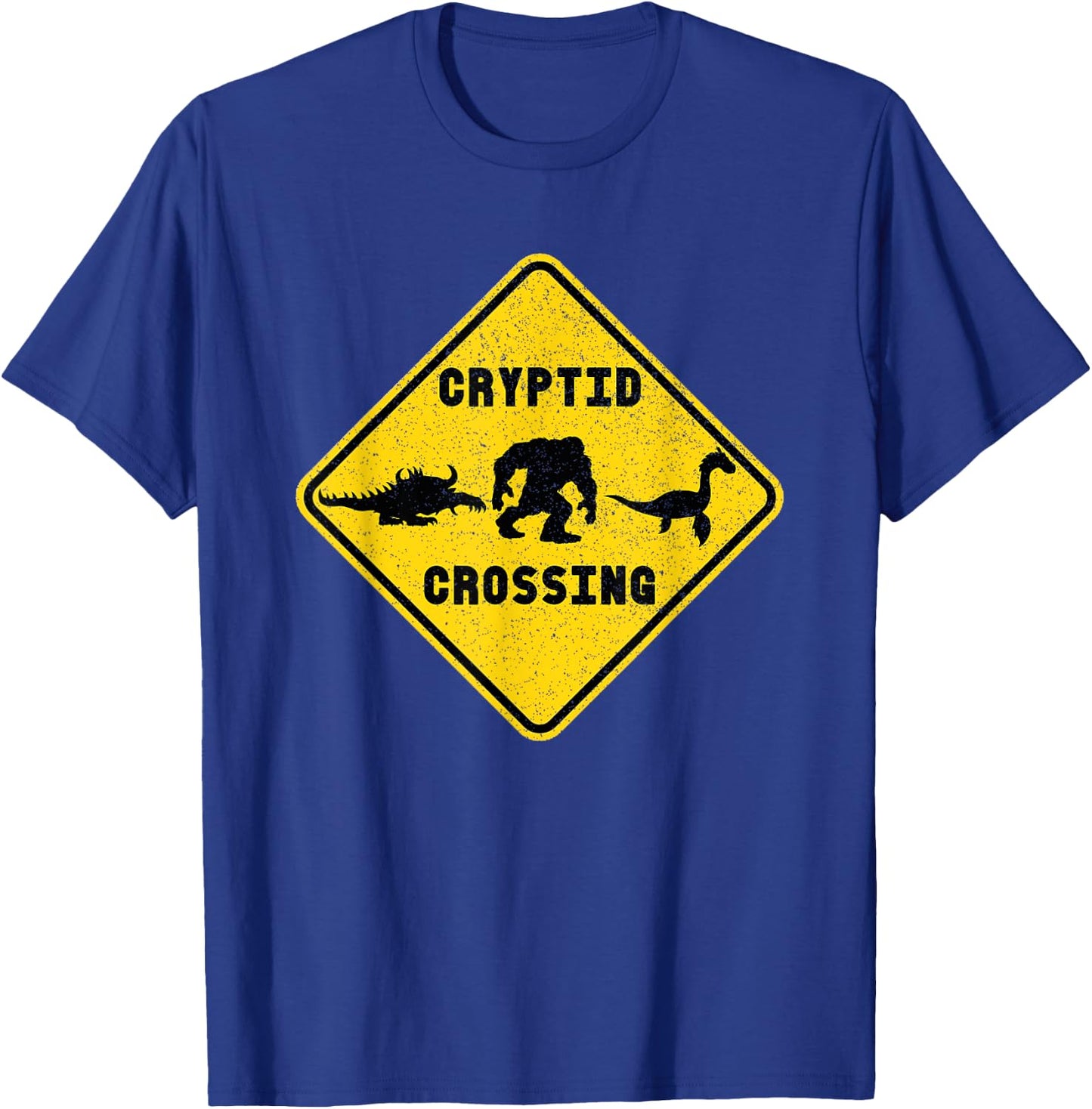 Cryptid Crossing Yield Road Sign Funny Nessie Bigfoot Hodag T-Shirt - T-Shirt | Royal