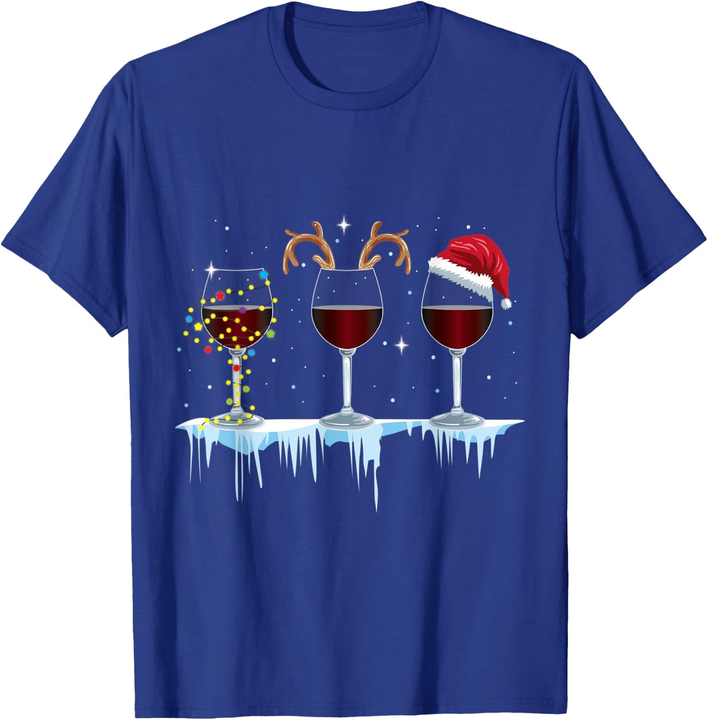 Wine Glasses with Reindeer and Santa and Christmas Lights T-Shirt - T-Shirt | Royal