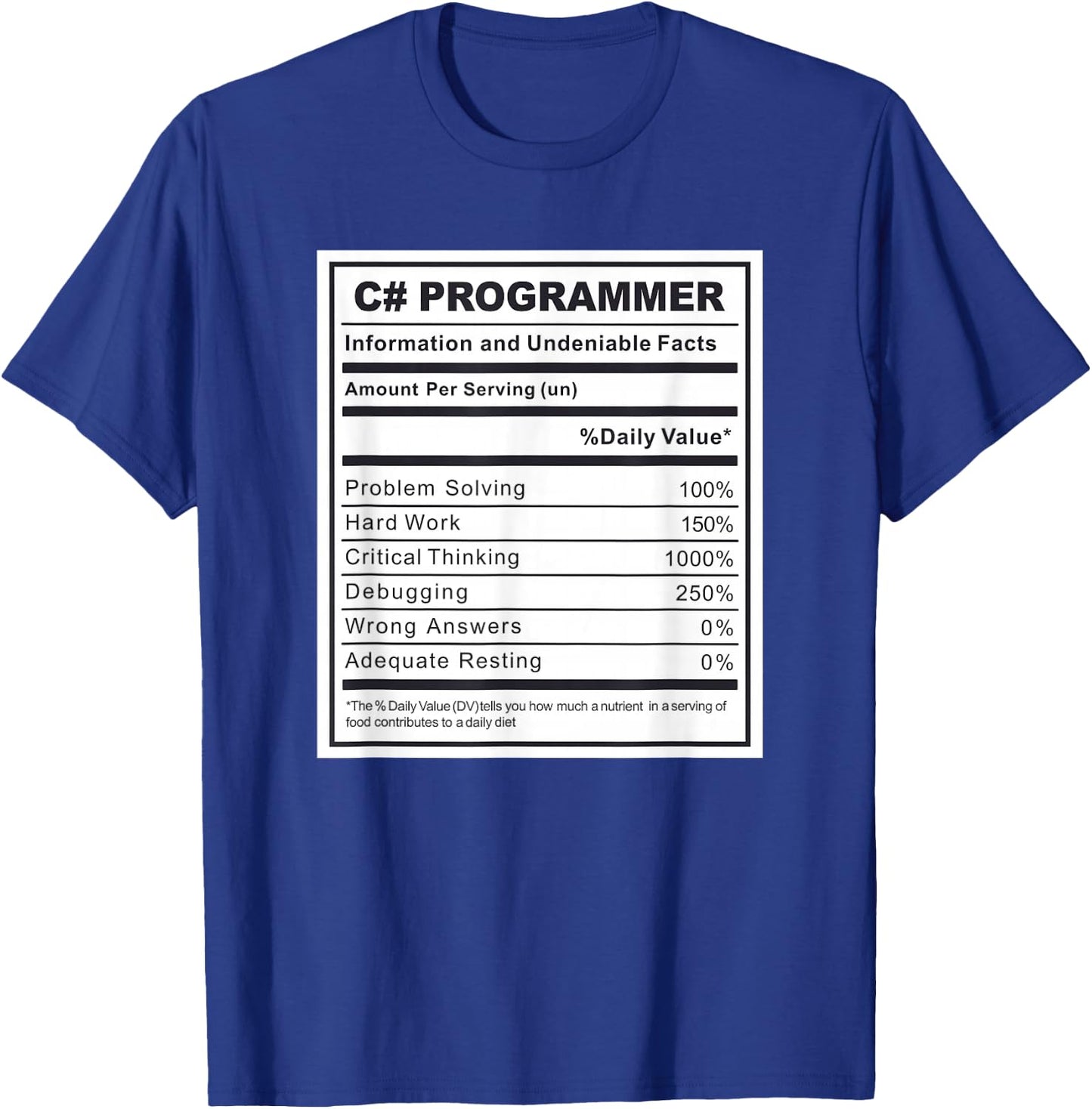 C# Programmer Nutritional Facts Programming Coding T-Shirt - T-Shirt | Royal