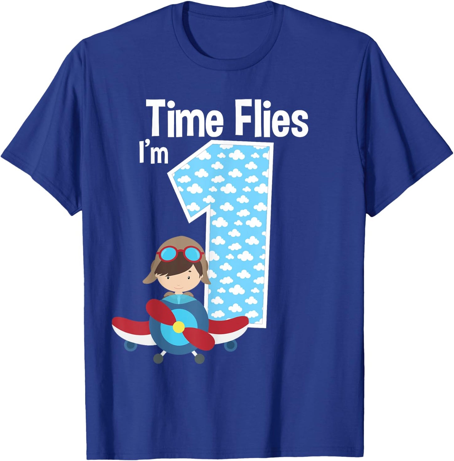 Time Flies I'm 1 1st Birthday Airplane Pilot Flying T-Shirt - T-Shirt | Royal