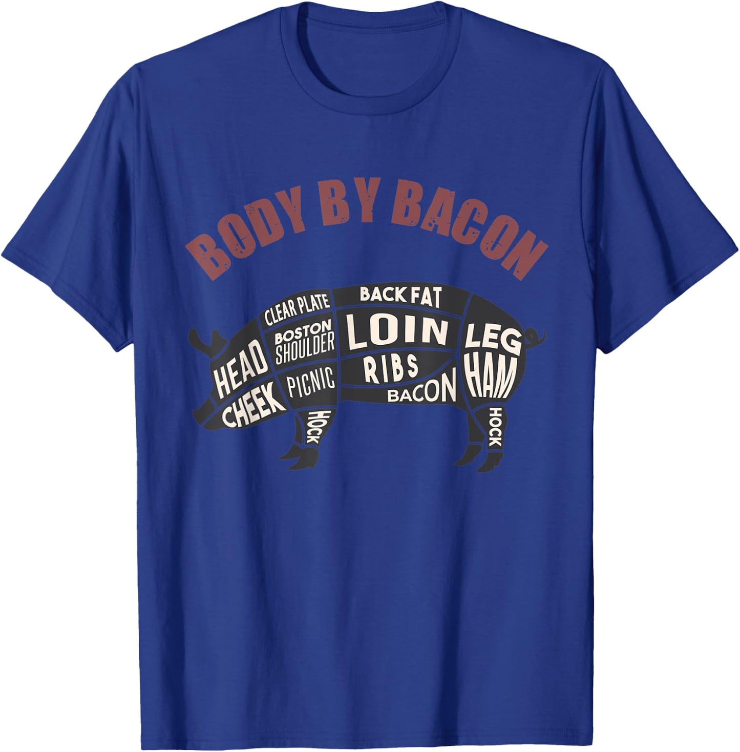 Body By Bacon Funny Parts of Pork on the Pigs Body Apparel T-Shirt - T-Shirt | Royal