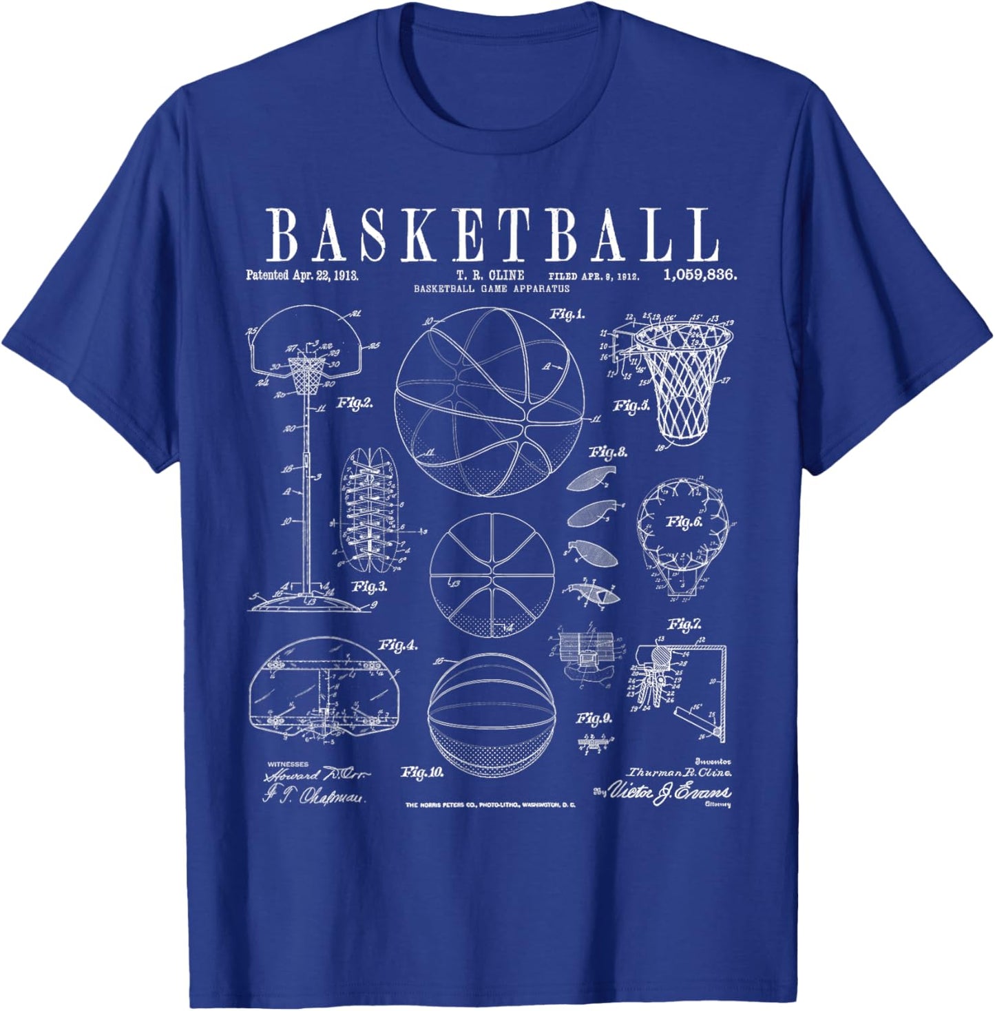 Basketball Old Vintage Patent Drawing Print T-Shirt - T-Shirt | Royal