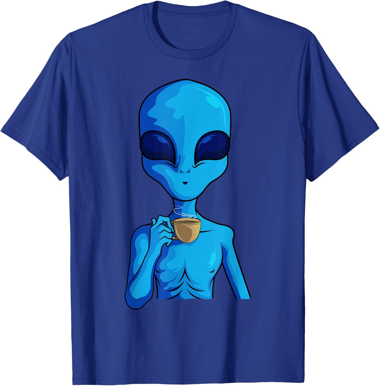Funny Coffee Drinking Extraterrestrial Space Blue Alien T-Shirt - T-Shirt | Royal