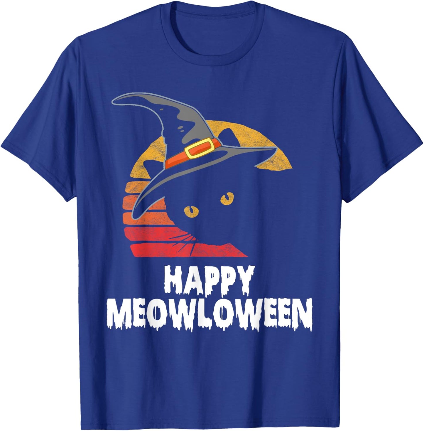 Happy Meowloween! Funny Cat Witch's Hat Halloween 80s Sunset T-Shirt - T-Shirt | Royal