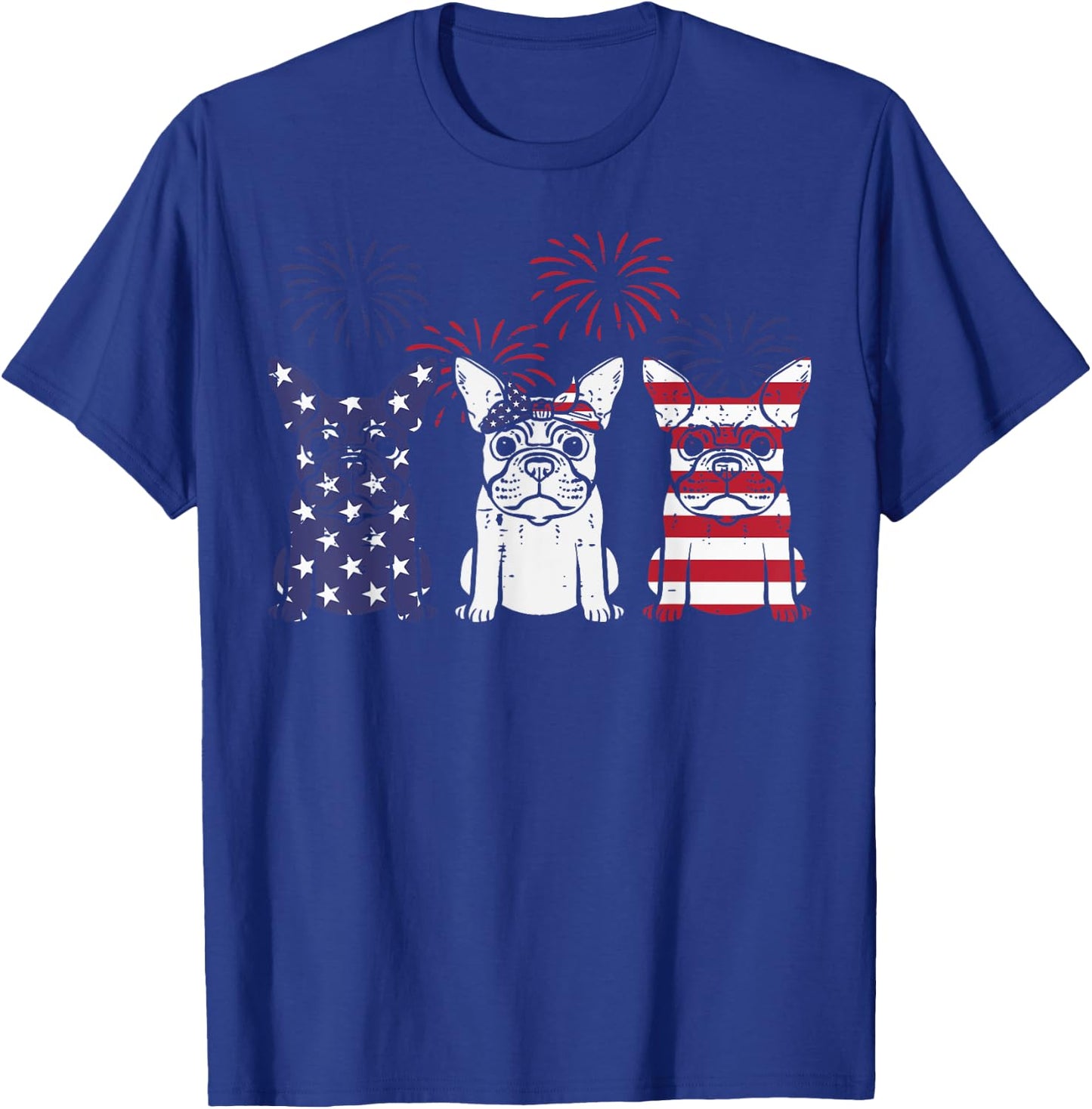 3 US Flag French Bulldogs 4th Of July Patriotic Frenchie Dog T-Shirt - T-Shirt | Royal