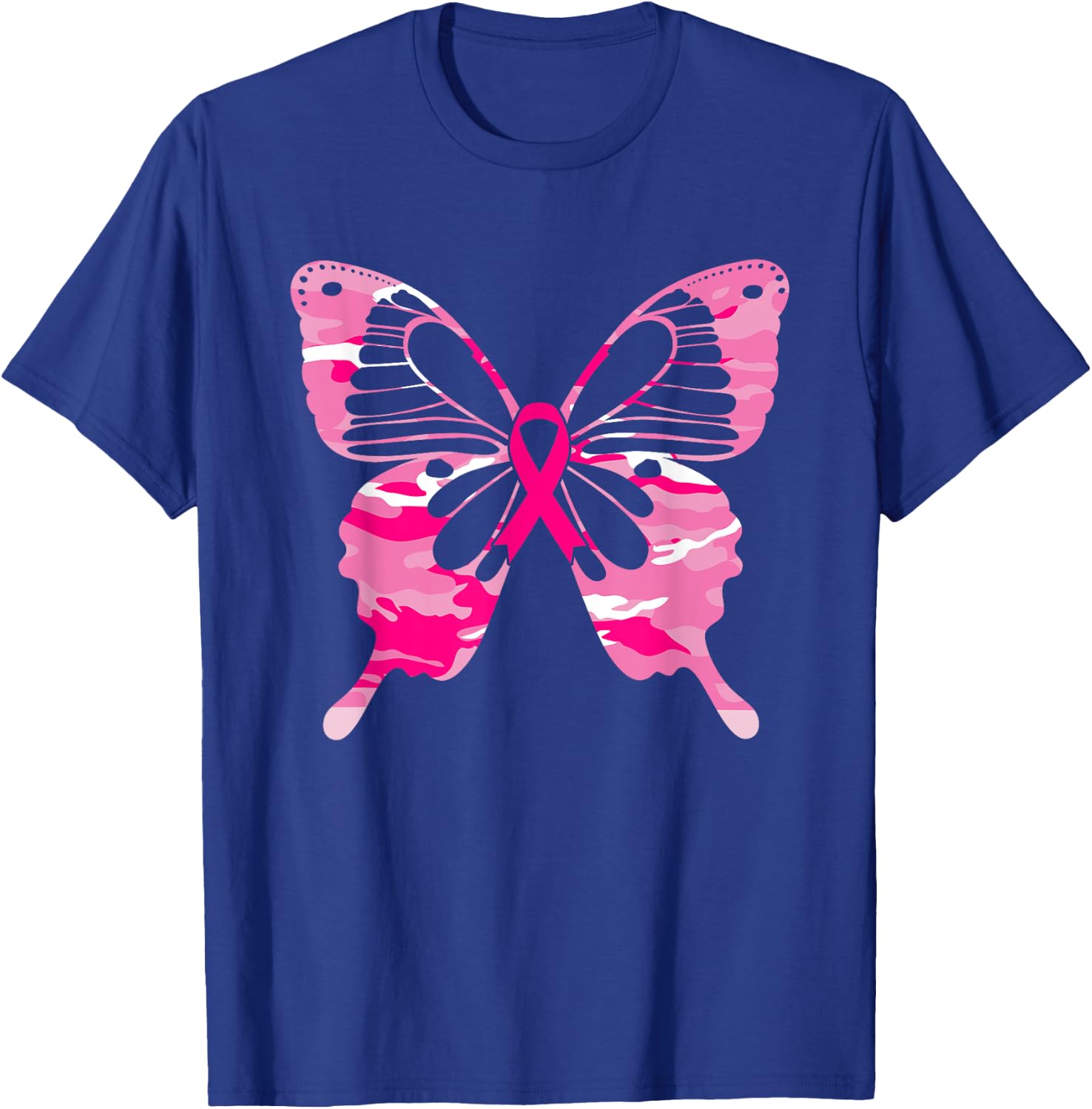 Camouflage Butterfly Pink Ribbon Breast Cancer Awareness T-Shirt - T-Shirt | Royal