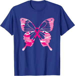 Camouflage Butterfly Pink Ribbon Breast Cancer Awareness T-Shirt - T-Shirt | Royal