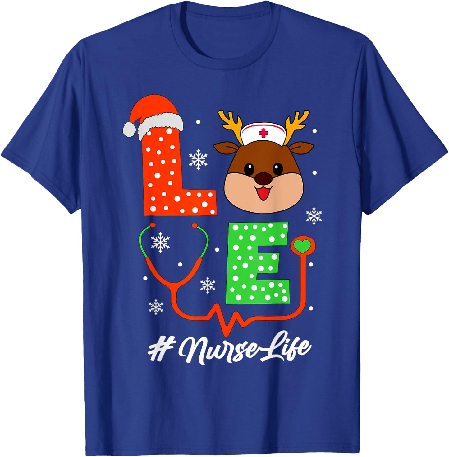 Christmas Nurse Scrub Tops Love Reindeer Nurse T-Shirt - T-Shirt | Royal