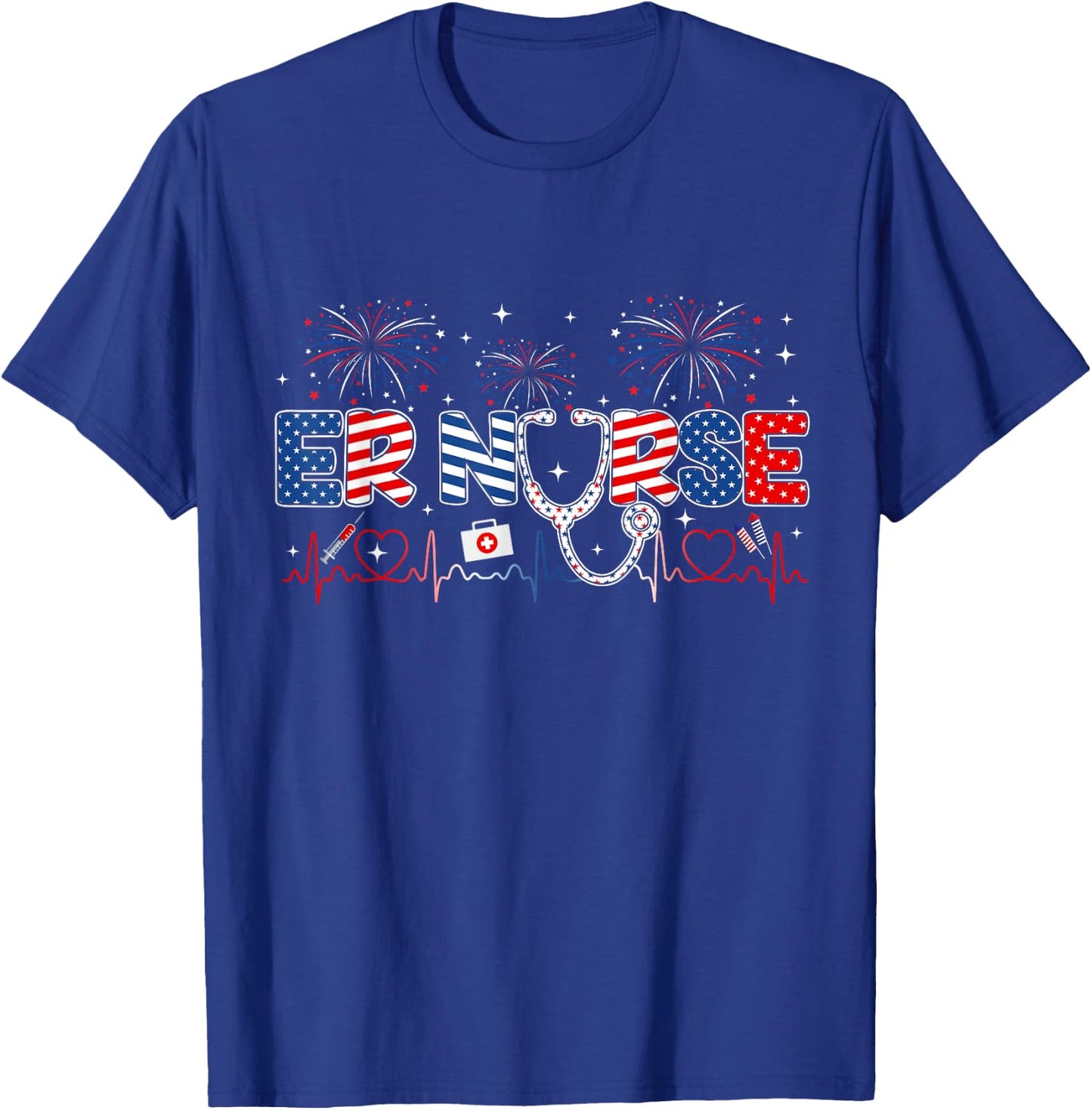 ER Nurse 4th of July American Flag Patriotic USA Stethoscope T-Shirt - T-Shirt | Royal