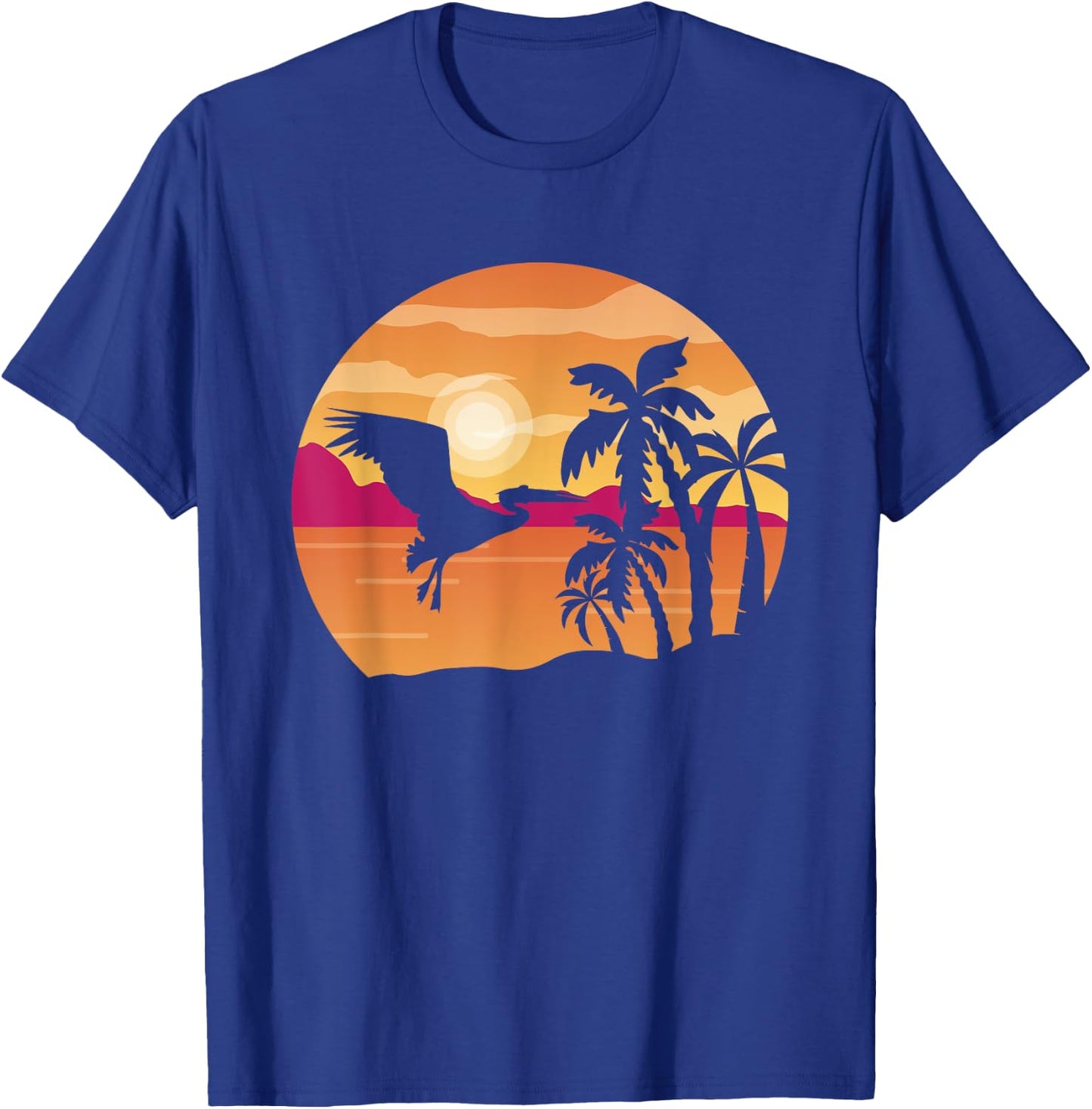 Pelican Bird Palm Tree Tropical Bird Animal Summer Sunrise T-Shirt - T-Shirt | Royal