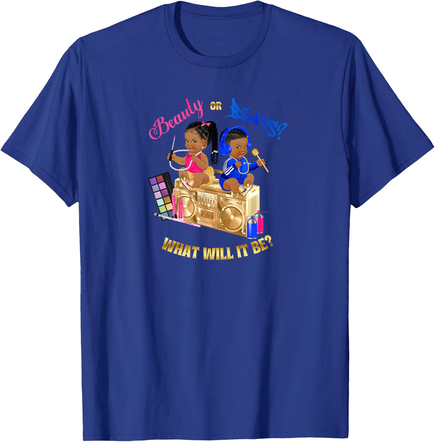 Beauty or Beats Baby Gender Reveal Royal Blue Hot Pink Gold T-Shirt - T-Shirt | Royal