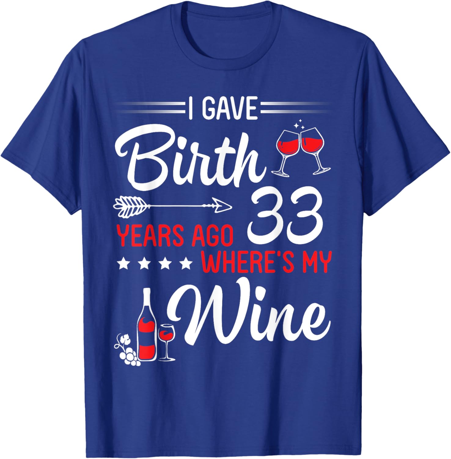 I Gave Birth 33 Years Ago Where's My Wine Happy Birthday T-Shirt - T-Shirt | Royal