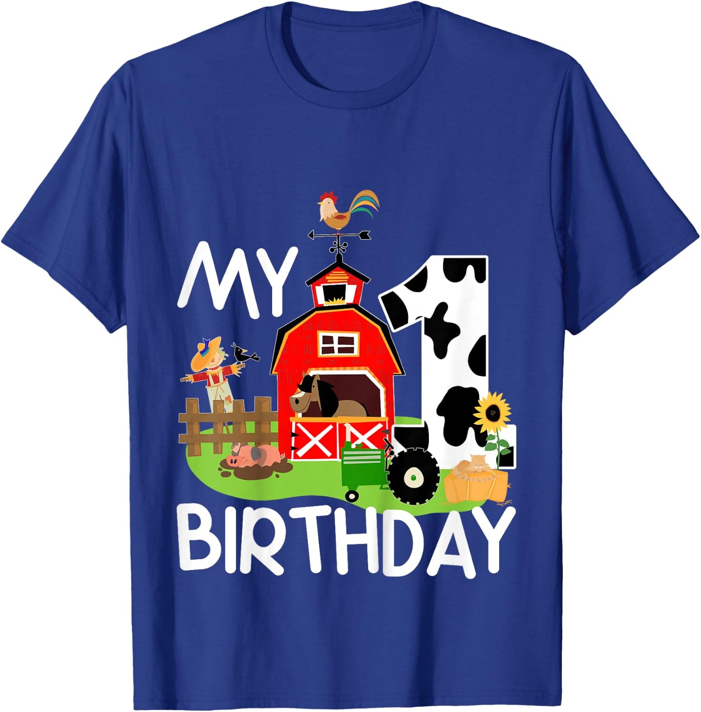 1st Birthday Shirt Farm Tractor Pig Horse Cow Chicken Cat for Kids T-Shirt - T-Shirt | Royal
