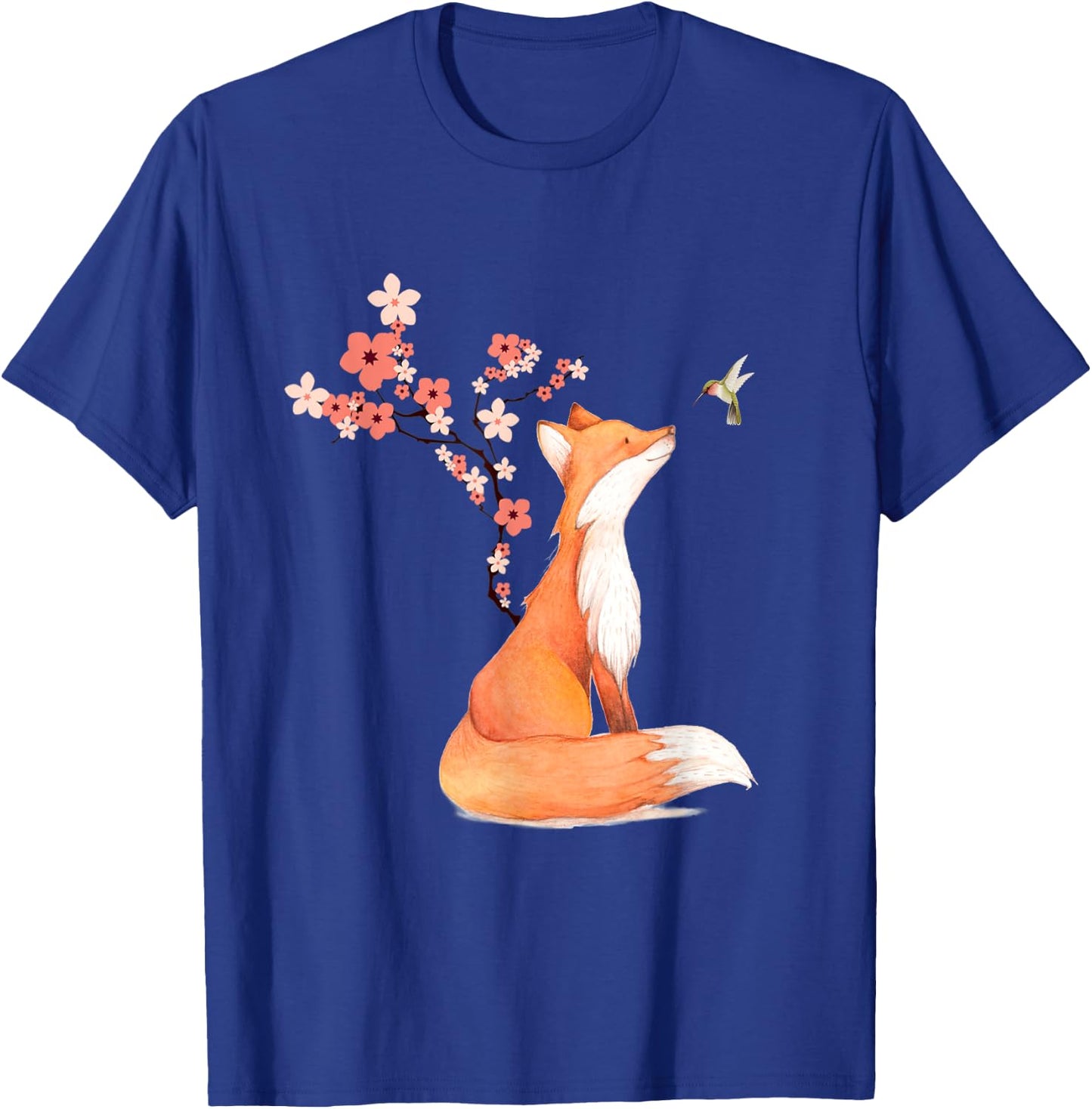 The Cute Fox And Hummingbird Cherry Blossom Flower Present T-Shirt - T-Shirt | Royal