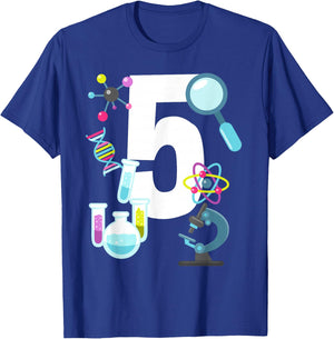 Science STEM 5 Year Old 5th Birthday Party Shirt Boys Girls T-Shirt - T-Shirt | Royal
