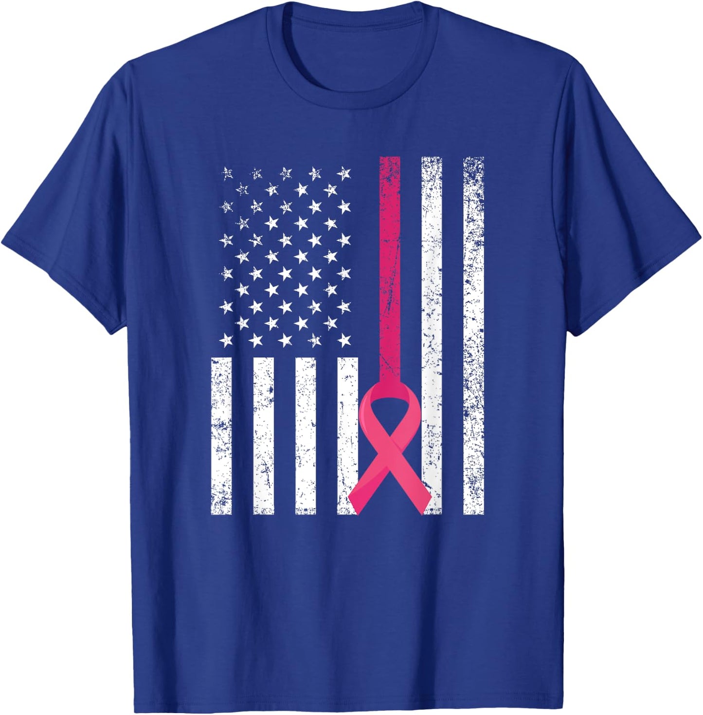 Breast Cancer Awareness Support Pink Ribbon American Flag T-Shirt - T-Shirt | Royal