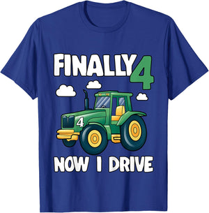 Kids Finally 4 Now I Drive 4th Birthday Party Boy Tractor Kids T-Shirt - T-Shirt | Royal