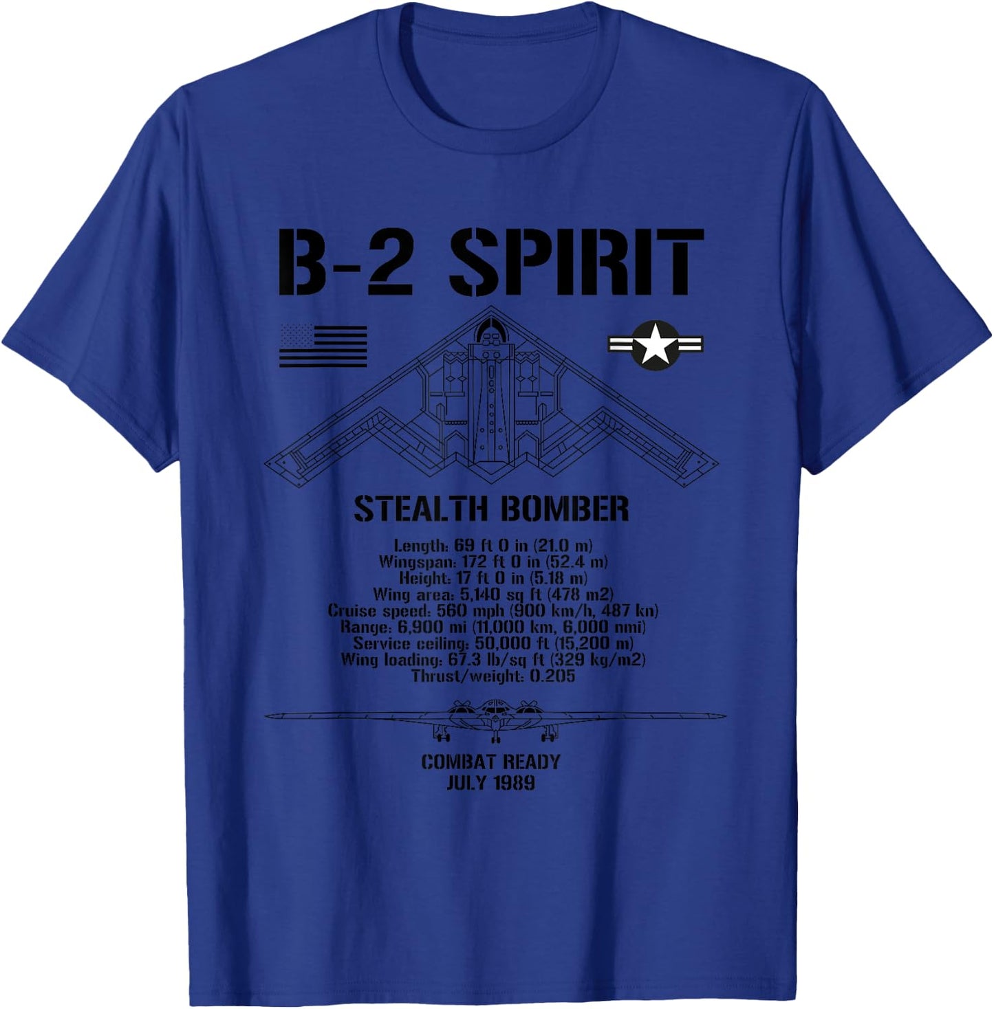 B-2 Spirit Stealth Bomber Specs Military Aircraft B2 T-Shirt - T-Shirt | Royal