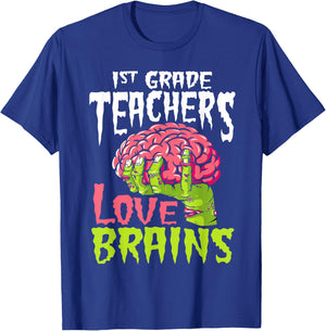 1st Grade Teachers Love Brains Zombie Teacher Halloween T-Shirt - T-Shirt | Royal