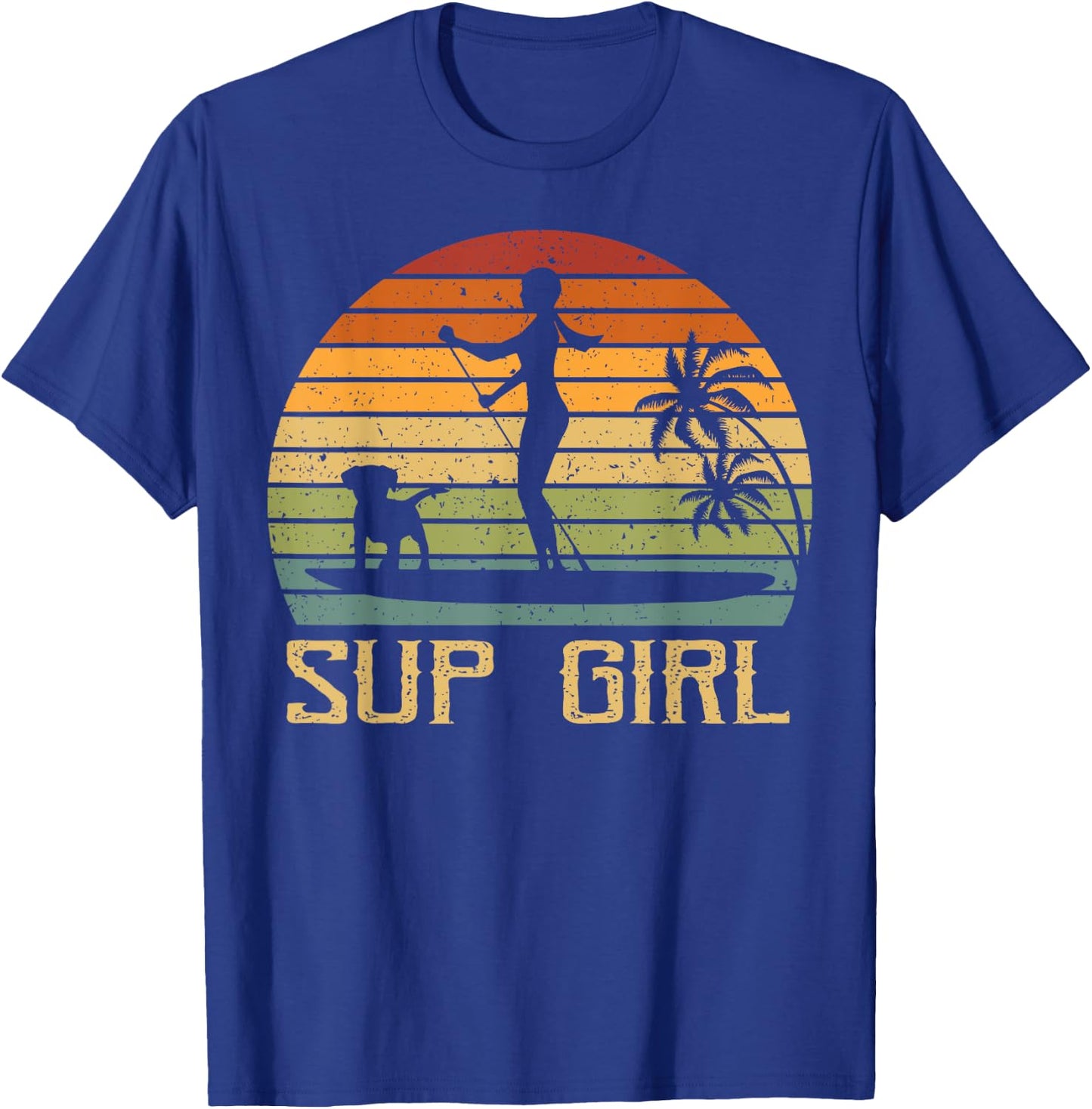Retro Sup Girl Dog Paddling Paddle Board SUP Water Sports T-Shirt - T-Shirt | Royal