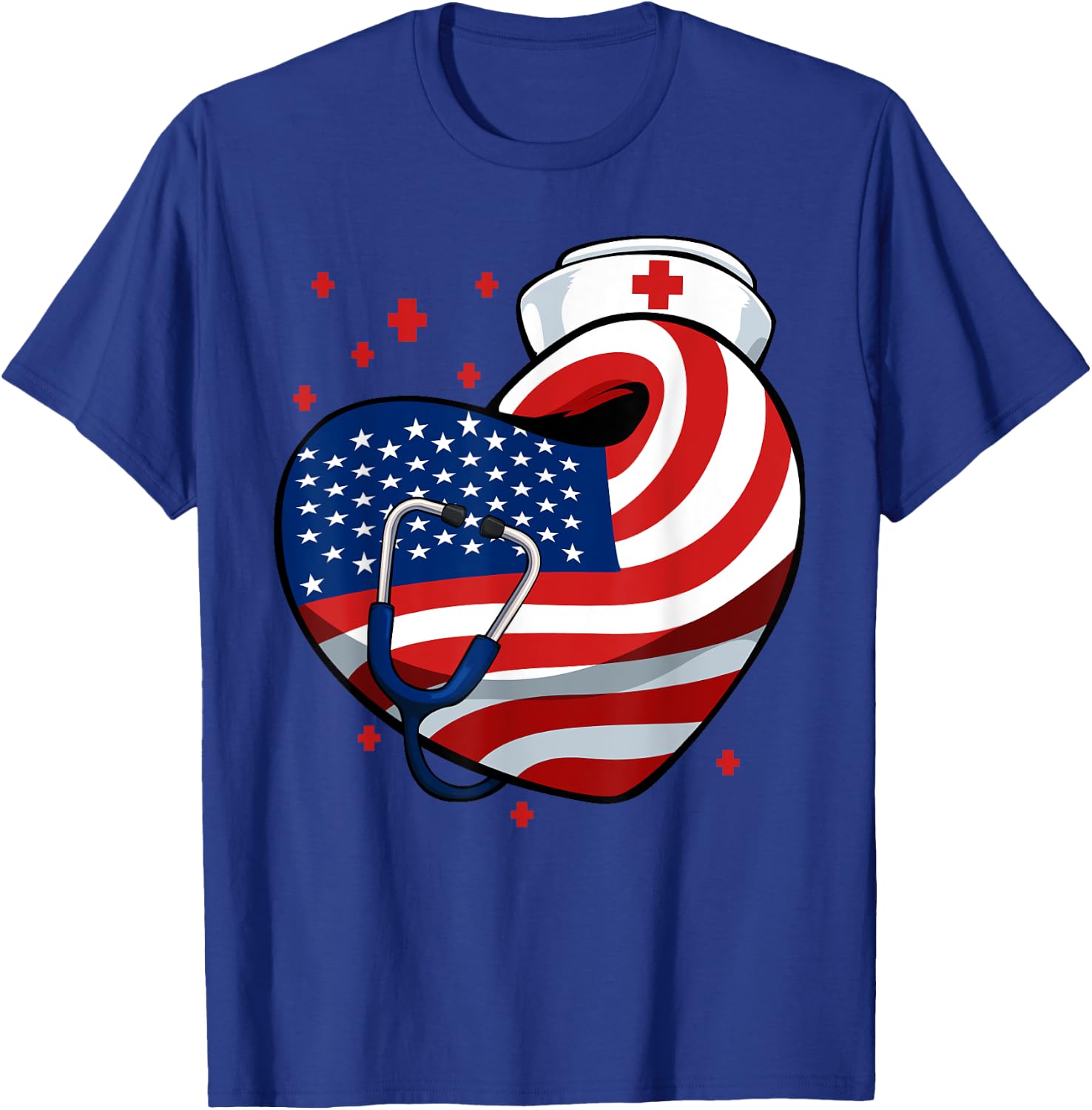 Patriotic Nurse 4th Of July American Flag Heart Stethoscope T-Shirt - T-Shirt | Royal