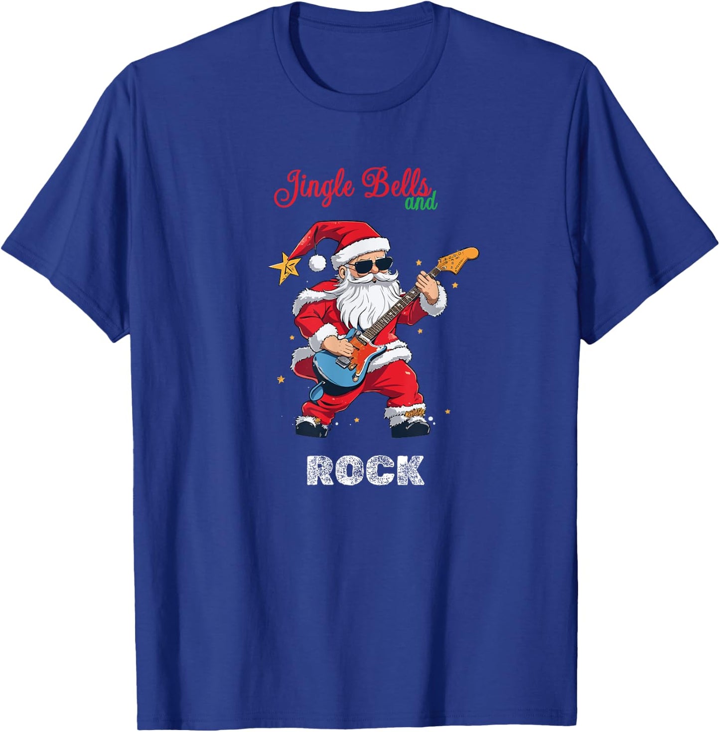 Jingle Bell and Rock Christmas Santa Rolling Playing Guitar T-Shirt - T-Shirt | Royal