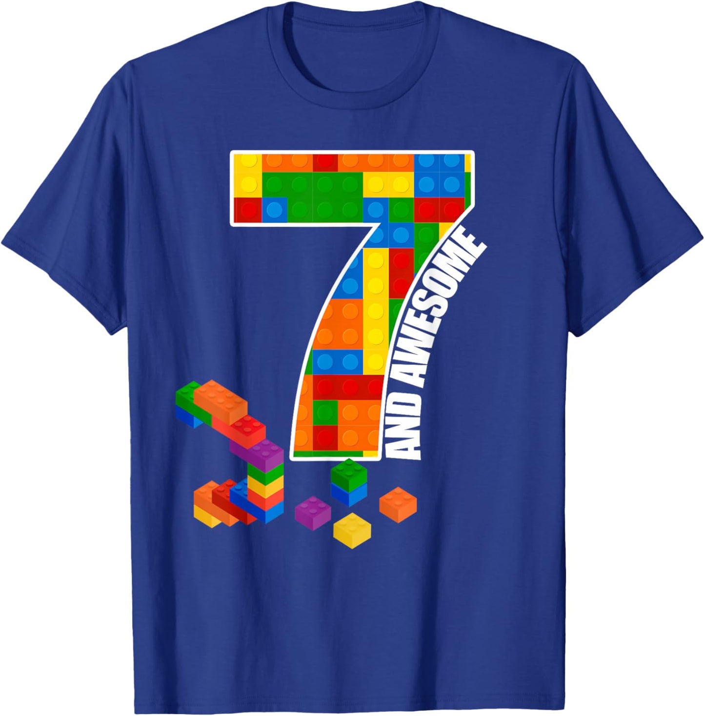 Building Blocks Bricks 7 Years Old Awesome Birthday Boy T-Shirt - T-Shirt | Royal