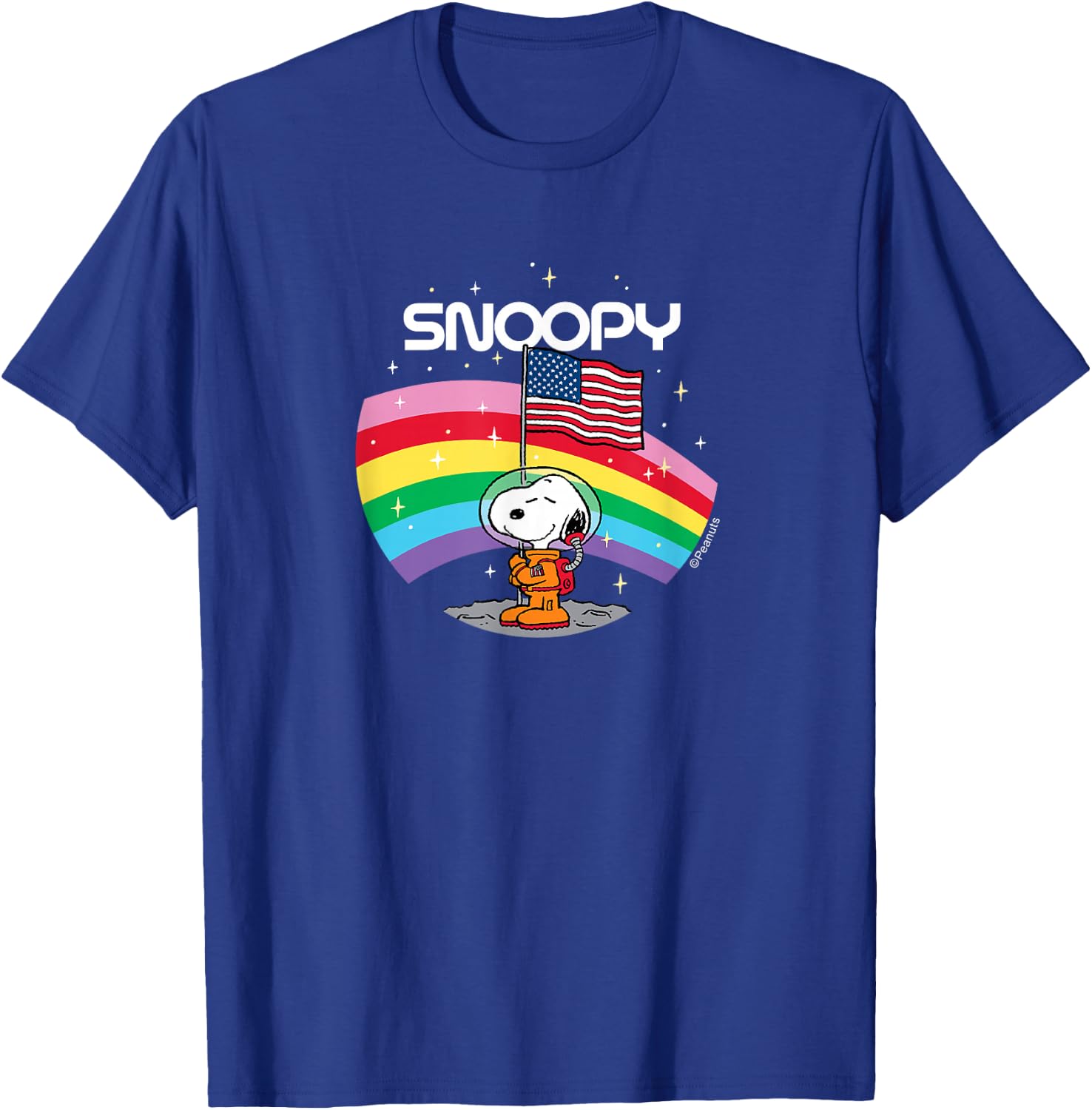 Peanuts - Snoopy Rainbow Space Beagle Badge with USA Flag T-Shirt - T-Shirt | Royal
