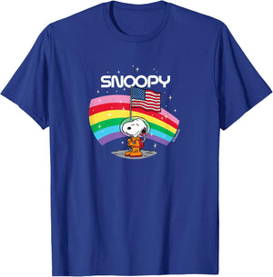 Peanuts - Snoopy Rainbow Space Beagle Badge with USA Flag T-Shirt - T-Shirt | Royal
