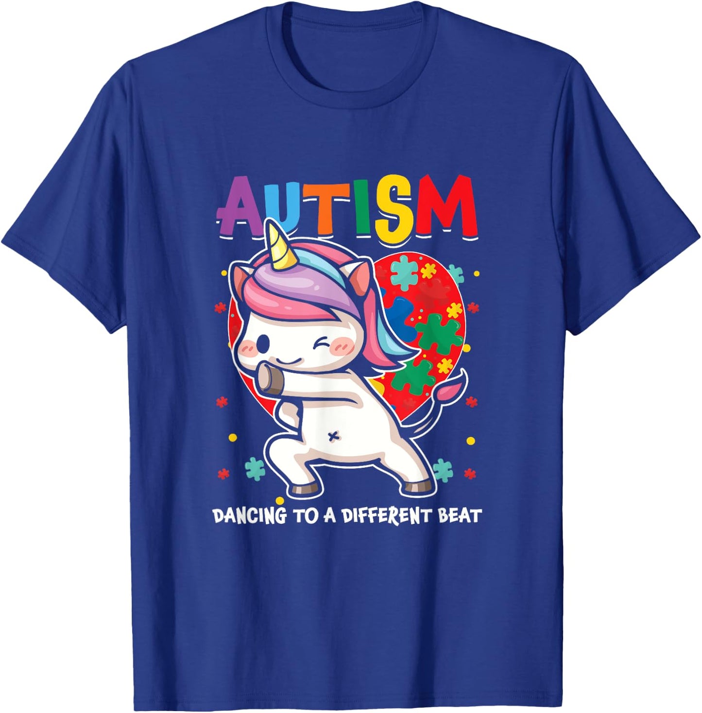 Autistic Unicorn Autism Awareness Heart Ribbon Puzzle Health T-Shirt - T-Shirt | Royal
