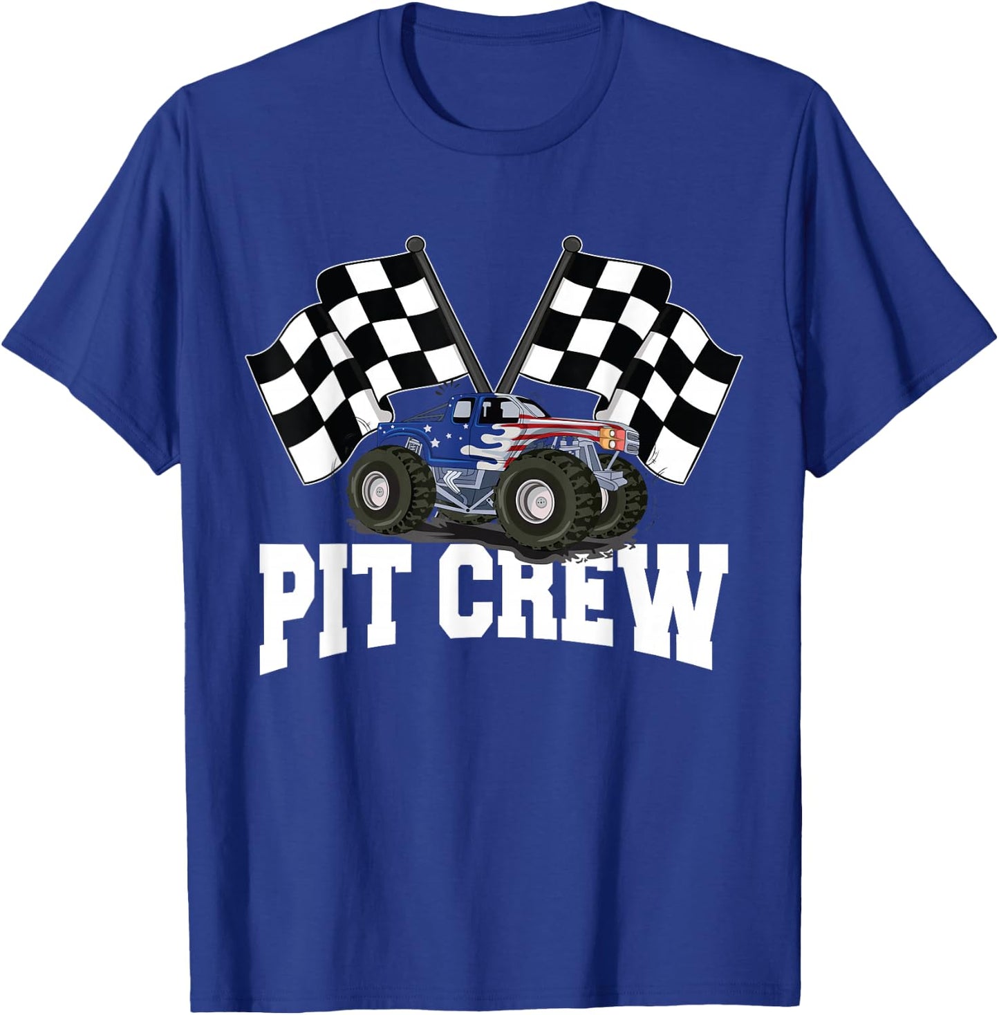 Pit Crew USA Monster Truck Racing Party And Checked Flag T-Shirt - T-Shirt | Royal