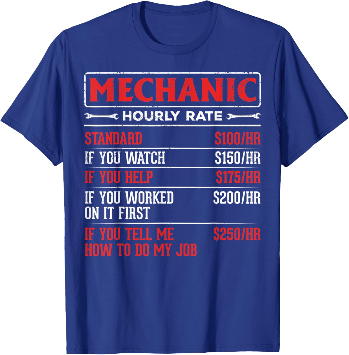 Garage Mechanics Rate Mechanic Hourly Rate Auto Mechanics T-Shirt - T-Shirt | Royal