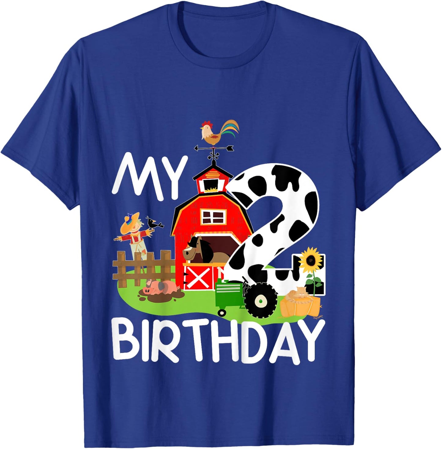 2nd Birthday Shirt Farm Tractor Pig Horse Cow Chicken Cat Girls Kids T-Shirt - T-Shirt | Royal