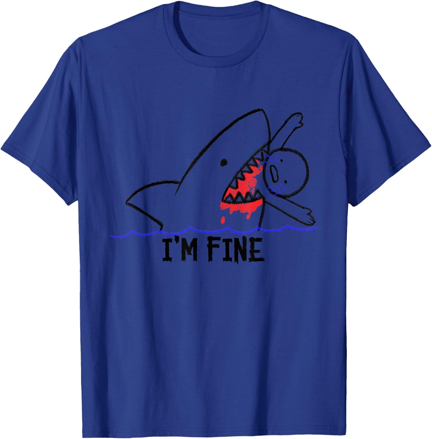 I'm Fine Shark Attack Bloody Funny Man Eating Stick Person T-Shirt - T-Shirt | Royal