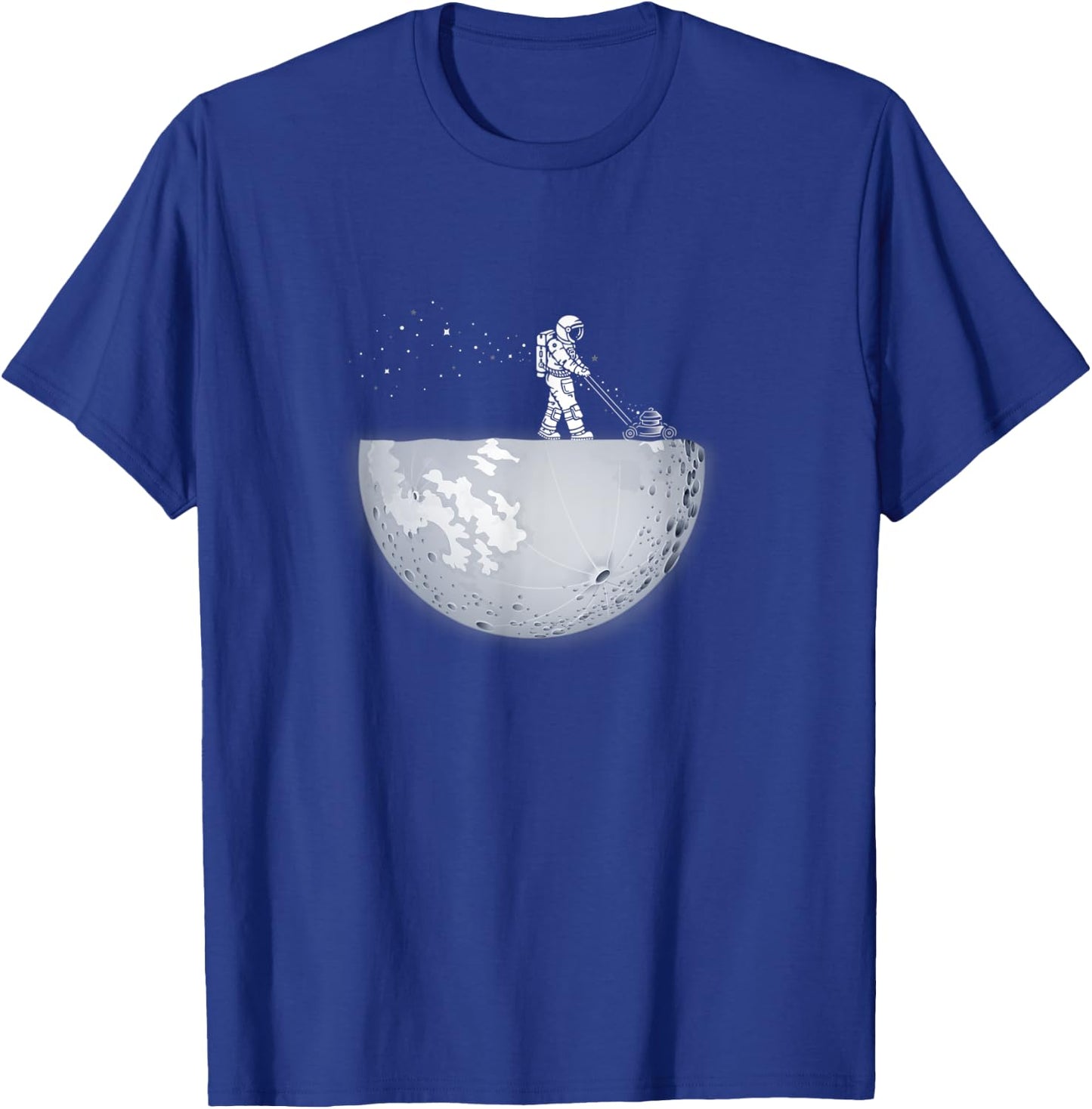 Spaceman mowing the moon with stars gardener, cool space T-Shirt - T-Shirt | Royal