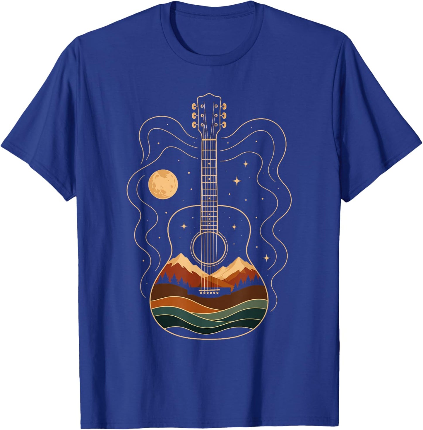 Acoustic Guitar Mountain Moon Nature Music T-Shirt - T-Shirt | Royal