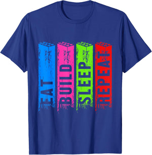 Eat Build Sleep Construction Master Builder Building Blocks T-Shirt - T-Shirt | Royal