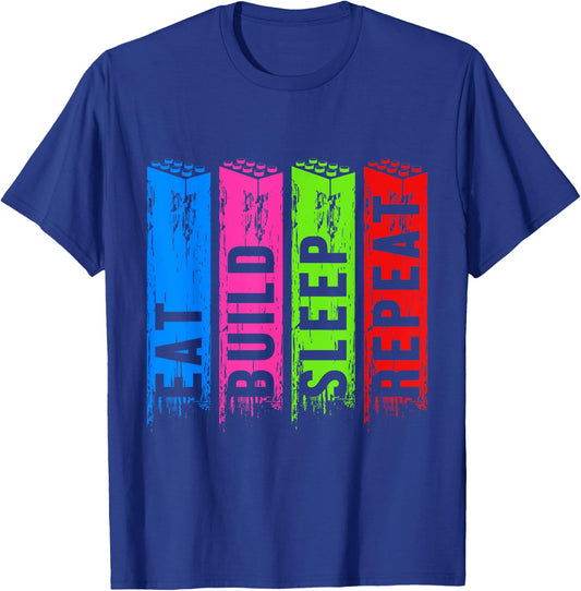 Eat Build Sleep Construction Master Builder Building Blocks T-Shirt - T-Shirt | Royal