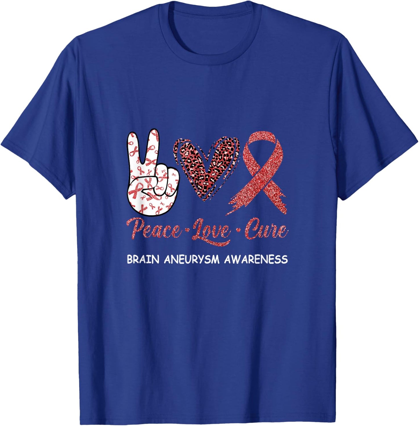 Brain Aneurysm Awareness Peace Love Cure Leopard T-Shirt - T-Shirt | Royal