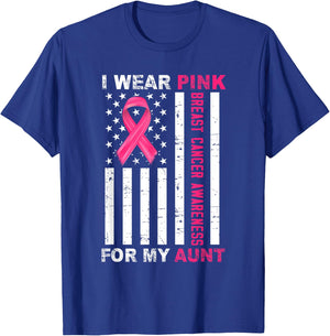 I Wear Pink For My Aunt Pink Ribbon Breast Cancer Us Flag T-Shirt - T-Shirt | Royal