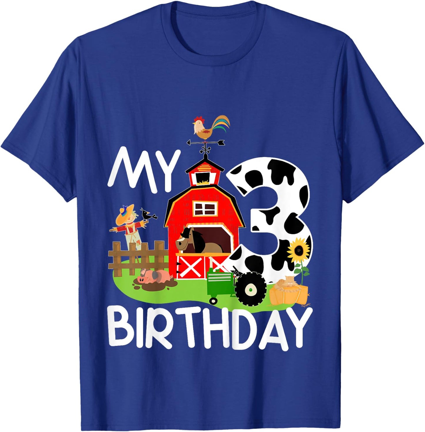 3rd Birthday Shirt Farm Tractor Pig Horse Cow Chicken Cat for Girls Kids T-Shirt - T-Shirt | Royal
