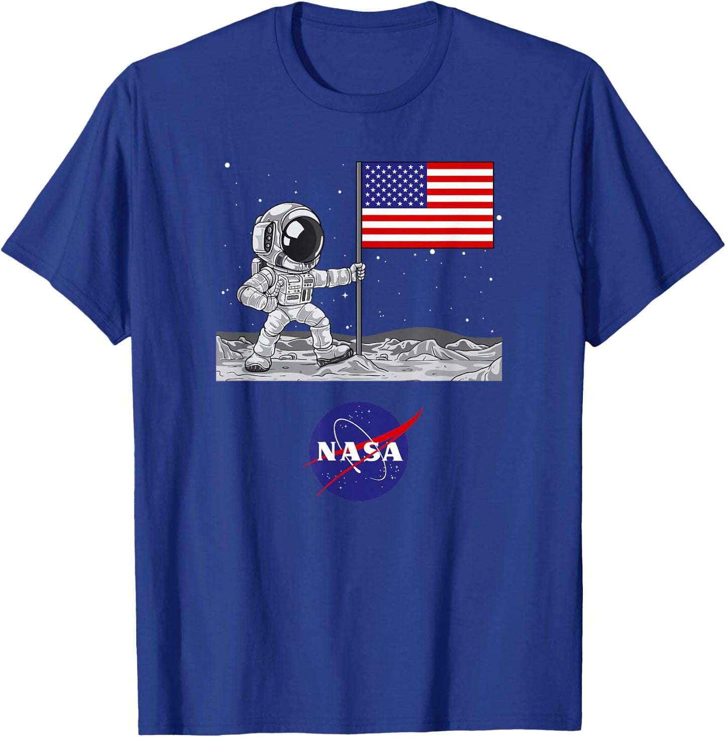 NASA Space - Astronaut and US Flag on Moon T-Shirt - T-Shirt | Royal