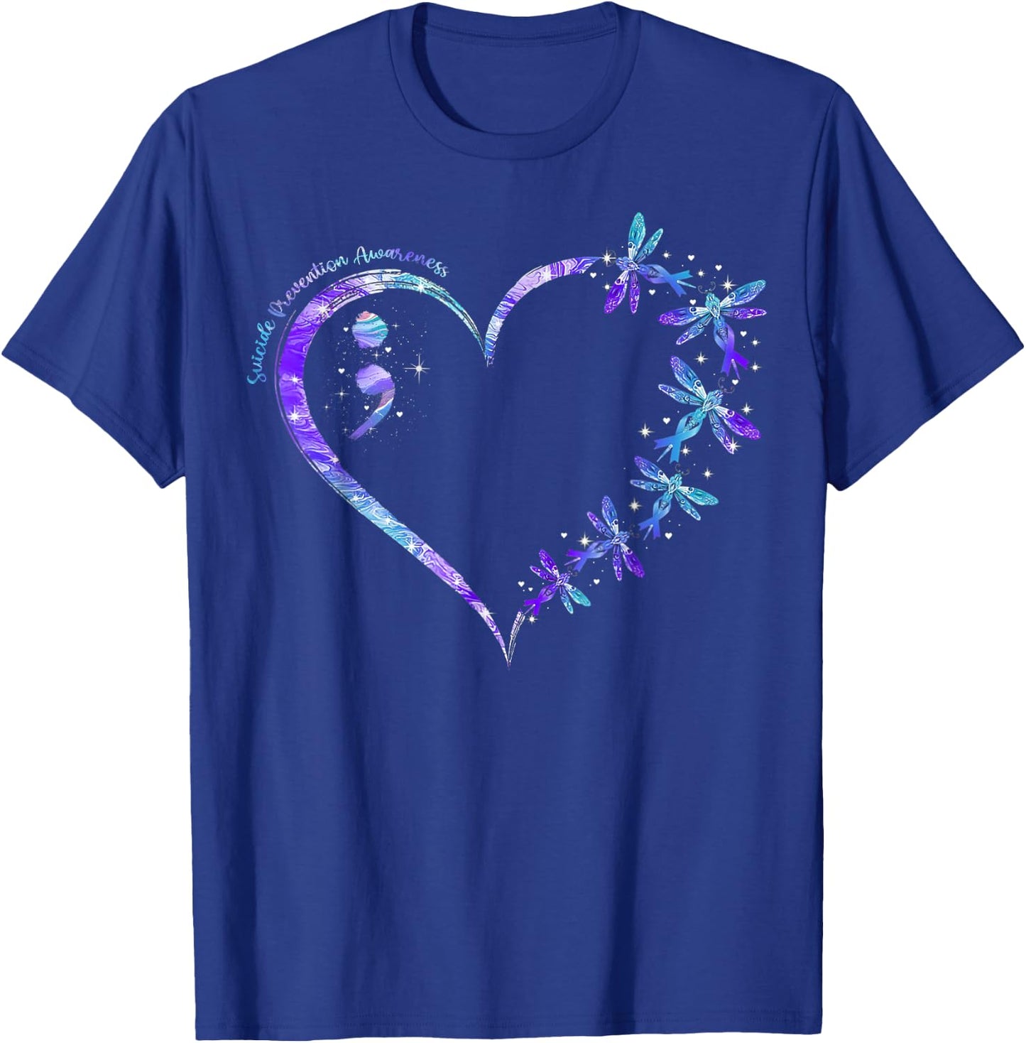 Suicide Prevention Awareness Week Heart Semicolon Dragonfly T-Shirt - T-Shirt | Royal