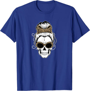 Messy Bun Skull Shirts Leopard Print Bow Halloween T-Shirt - T-Shirt | Royal